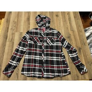 BTC Shirt, Men's Size XL, Black White Red, Plaid, Button Up with Hoodie